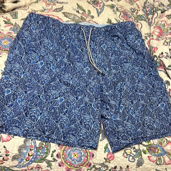 EUC Peter Millar Blue Swim Trunks with Fish Pattern and Elastic Waistband - Picture 1 of 5